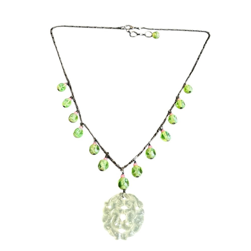 Vintage‎ Carved Jade Green Necklace Glass Beads Chain Asian Style Pendant 24"